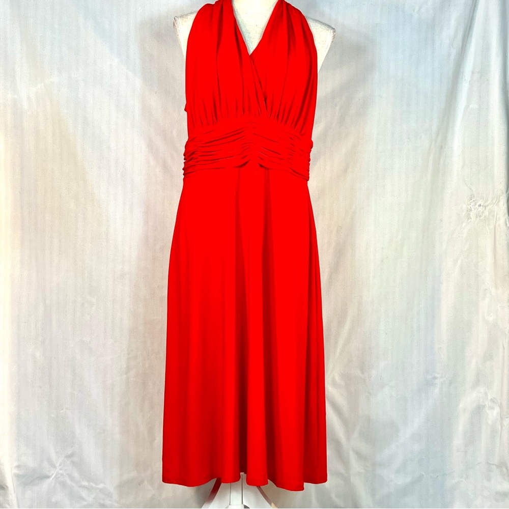 Jones New York Dress Red Halter Cocktail MIDI Ruched Waist Swing Skirt 16
